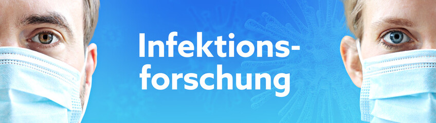 Infektionsforschung. Gesichter von Mann und Frau mit Mundschutz. Paar mit Maske vor blauen Hintergrund mit Text. Virus, Atemmaske, Corona