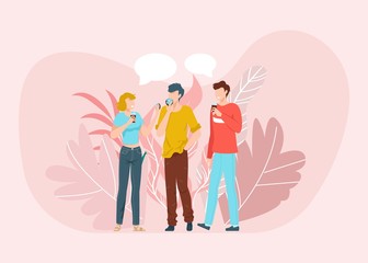 Best friends having good time together scene, talking and drinking coffee, friendship flat vector llustration isolated on pink background. Friendly students young men and woman, friendship concept.