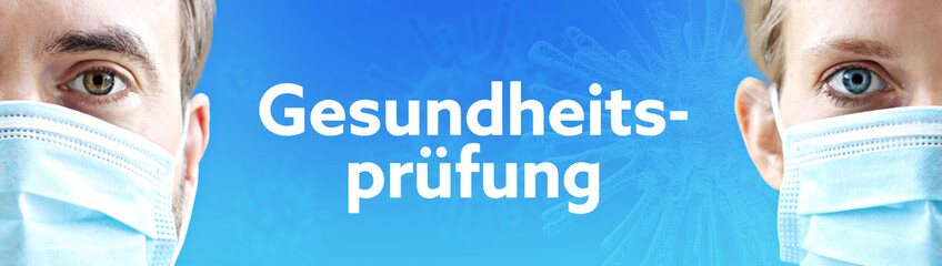 Gesundheitsprüfung. Gesichter von Mann und Frau mit Mundschutz. Paar mit Maske vor blauen Hintergrund mit Text. Virus, Atemmaske, Corona