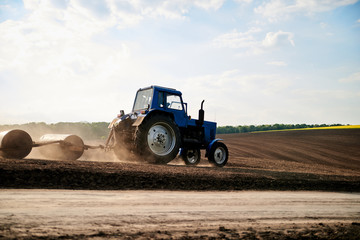 Obraz premium Agricultural work on field with black soil. Blue tractor riding and seeding countryside. Rural works in spring. Environmental protection concept. Ecological products cultivation. Natural background.
