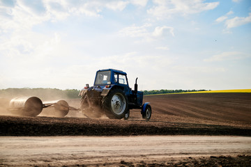 Obraz premium Agricultural work on field with black soil. Blue tractor riding and seeding countryside. Rural works in spring. Environmental protection concept. Ecological products cultivation. Natural background.