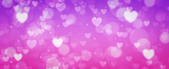 Glowing  purple and pink bokeh background. Spring concept. Blurred bokeh circles and hearth shapes.