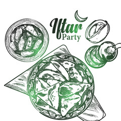 illustration of Hand drawn sketch iftar food on top view, Doodle art of beautiful healthy meal for celebration of ramadan kareem or iftar party with green shine.