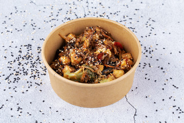 Japanese food: Soba noodles with chicken and vegetables