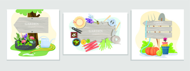 Garden design signs. Gardening equipment. Empty wooden sign for the inscription. Design of the garden vector concept with garden tools, flowers and signs.