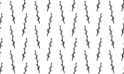 Seamless pattern with hand drawn plant branches. Fabric or textile print template. Floral design element. Spring and summer symbol. Contour otline drawing of simple black twig