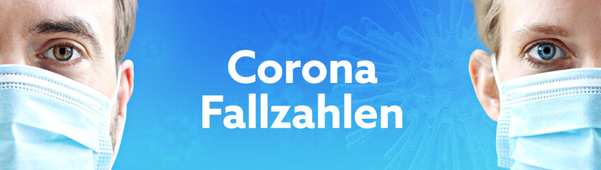 Corona Fallzahlen. Gesichter von Mann und Frau mit Mundschutz. Paar mit Maske vor blauen Hintergrund mit Text. Virus, Atemmaske, Corona