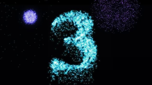 Three blue firework glow and glitter number - animation