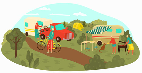 Senior people, eldery couples travel in nature, fun leisure and sport activity life style for grandmother and grandfather flat vector illustration. Elderly couple traveling, on picnic, bycicling.