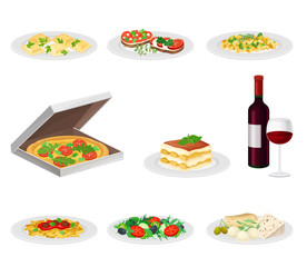 Italian Dishes with Pasta and Pizza Served on Plates Side View Vector Set