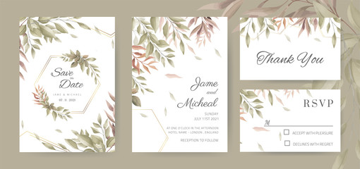 Fototapeta na wymiar Wedding invitation card vintage. Watercolor leaf.Template card.