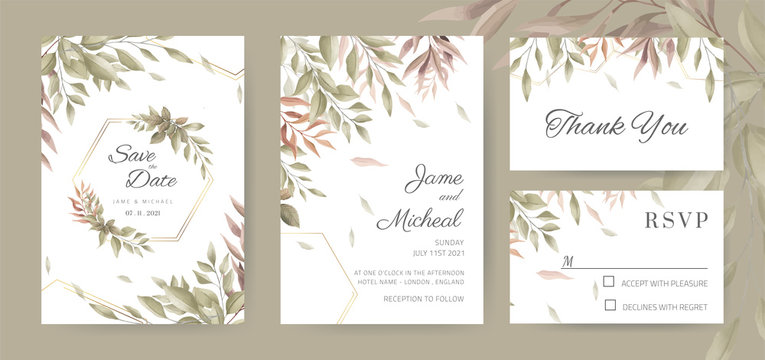 Wedding invitation card vintage.  Watercolor leaf.Template card.