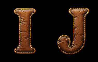 Set of leather letters I, J uppercase. 3D render font with skin texture isolated on black background.