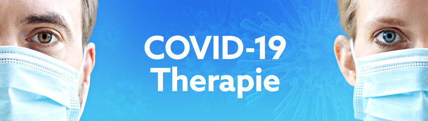 COVID-19-Therapie. Gesichter von Mann und Frau mit Mundschutz. Paar mit Maske vor blauen Hintergrund mit Text. Virus, Atemmaske, Corona
