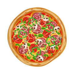 Pizza with different ingredients. Top view pizza. Fresh and juicy restornana pizza. Italian fast food