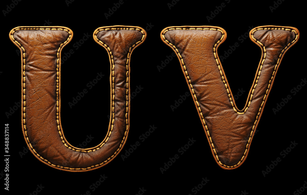 Fototapete set of leather letters u, v uppercase. 3d render font with skin texture isolated on black background