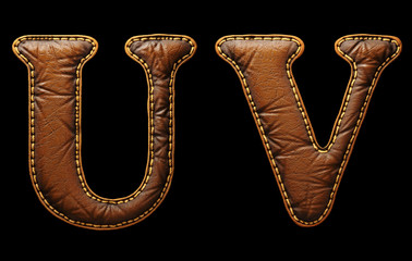 Set of leather letters U, V uppercase. 3D render font with skin texture isolated on black background. © lotus_studio