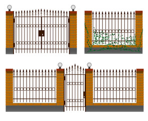 Fencing, entrance with an iron fence, wrought iron gates and a gate. Design for the yard and cottage private houses.
