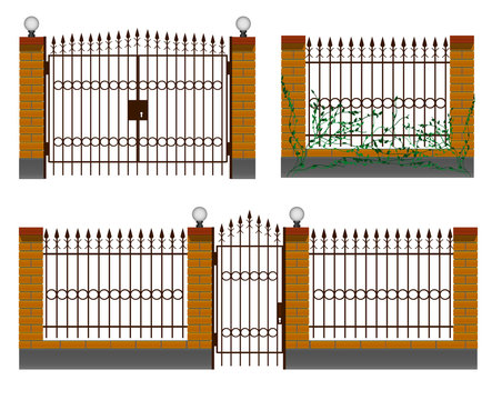 Fencing, entrance with an iron fence, wrought iron gates and a gate. Design for the yard and cottage private houses.

