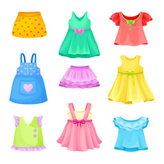 Bright Seasonal Clothes for Girls with Sleeveless Dress and Flared Skirt Vector Set