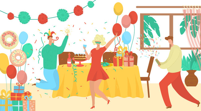 Birthday party event agency offer flat vector illustration with clowns, decorations, gift boxes. Special dates, family holidays and birthday celebration organization services. Creative birthday party.