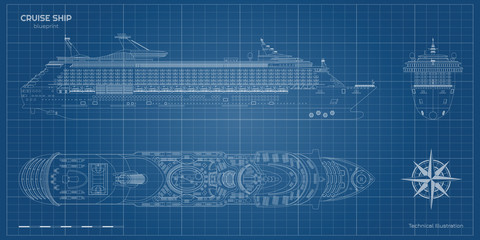 Outline blueprint of cruise ship. Side, top and front views. Contour liner. Detailed drawing of modern marine vessel. Sea travel transpotation. Boat document - obrazy, fototapety, plakaty