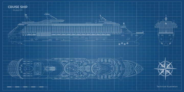 Outline blueprint of cruise ship. Side, top and front views. Contour liner. Detailed drawing of modern marine vessel. Sea travel transpotation. Boat document