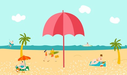 Fototapeta na wymiar Hot tour vacation sea beach, tropical palms and sand, woman sunbathes on seaside, people swim in ocean and couple of tourists with boards flat vector illustration. Tourism beach composition.
