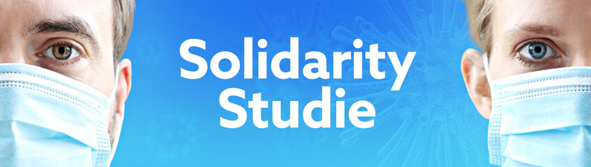 Fototapeta premium Solidarity-Studie. Gesichter von Mann und Frau mit Mundschutz. Paar mit Maske vor blauen Hintergrund mit Text. Virus, Atemmaske, Corona