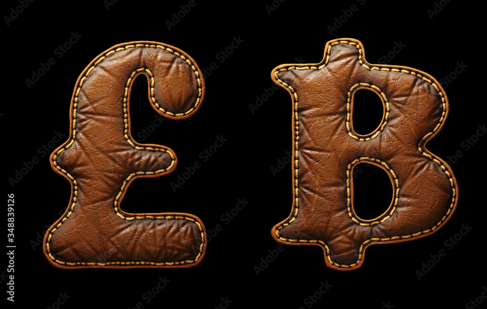 Fototapete set of symbols lira and baht made of leather. 3d render font with skin texture isolated on black bac