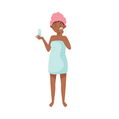 Young Woman with Her Head Wrapped in Towel Using Cosmetic Lotion or Facial Wash to Clean Her Face Vector Illustration