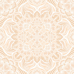Fototapeta na wymiar Eastern ethnic motif, traditional indian white henna ornament. Seamless pattern, background in beige colors. Vector illustration.