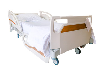 Automatic patient  bed empty, equipment in the hospital with clipping path isolated on white background