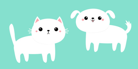 Fototapeta premium White cat kitten kitty dog puppy icon set. Cute kawaii cartoon funny character. Scandinavian style. Baby greeting card tshirt sticker template. Happy Valentines Day. Blue background. Flat design.