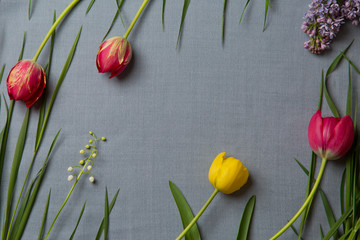 Flowers and foliage laid out on a gray background in the form of a frame