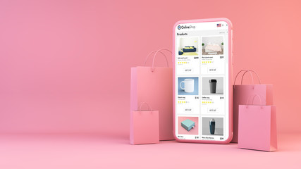Online shop on mobile with shopping bags
