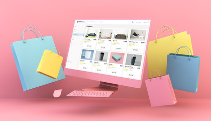 floating computer online shop and shopping bags - obrazy, fototapety, plakaty