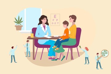 Kids doctor concept, little patient with mother at medical consultation, tiny people medics cartoon vector illustration. Doctor for children treatment or diagnosis healthcare medicine.