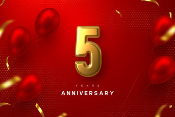 5 years anniversary celebration banner. 3d golden metallic number 5 and glossy balloons with confetti on red spotted background. Vector realistic template.