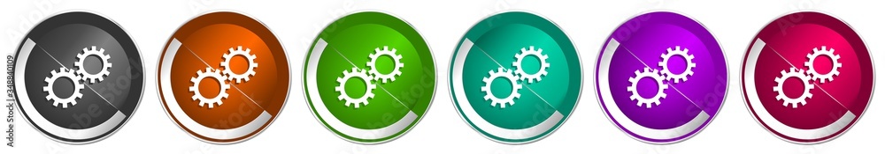 Fototapete gear icon set, cogwheel silver metallic chrome border vector web buttons in 6 colors options for web