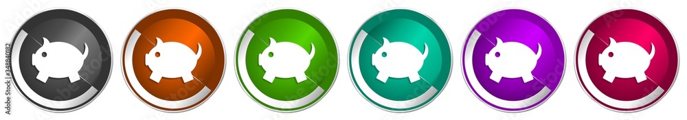 Aufkleber Piggy bank icon set, silver metallic chrome border vector web buttons in 6 colors options for webdesign