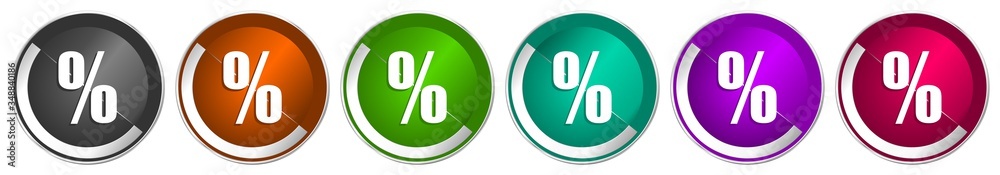 Fototapete percent icon set, sale silver metallic chrome border vector web buttons in 6 colors options for webd