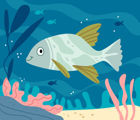 Naklejka na ściany i meble Big green fish.Underwater world with wild sea animals in the ocean. Aquarium.Illustration for children's book. Cute Poster .