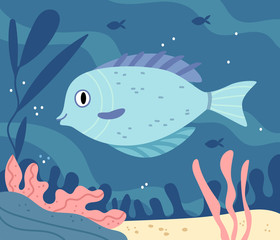 Big light blue fish.Underwater world with wild sea animals in the ocean. Aquarium.Illustration for children's book. Cute Poster .