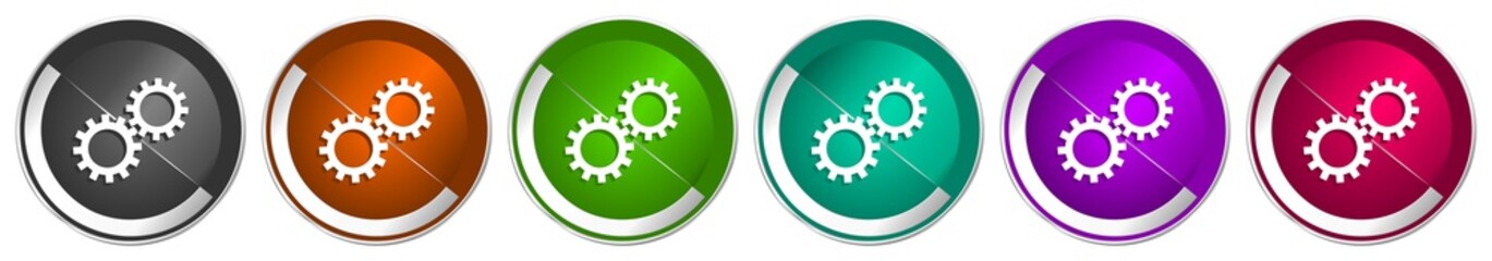 Gear icon set, cogwheel silver metallic chrome border vector web buttons in 6 colors options for webdesign