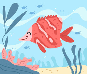 Little pink fish.Underwater world with wild sea animals in the ocean. Aquarium.Illustration for children's book. Cute Poster .