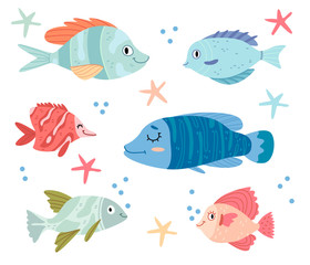Fototapeta premium Set of colorful fish.Underwater world with wild sea animals in the ocean. Aquarium.Illustration for children's book. Cute Poster .