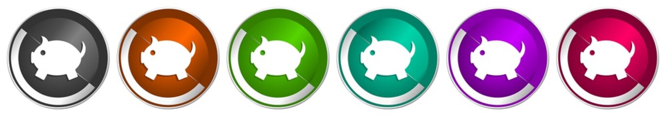 Piggy bank icon set, silver metallic chrome border vector web buttons in 6 colors options for webdesign