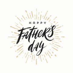 Happy fathers day brush calligraphy on a burst rays background, Lettering. Vector illustration.