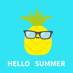 Hello summer. Pineapple fruit icon leaf wearing glasses. Cute cartoon kawaii smiling funny baby character. Sunglasses. Greeting Card. Flat design. Blue background. Isolated.